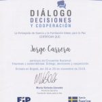 Certificación de participación en el Encuentro Nacional: Empresas y sostenibilidad, Diálogo, decisiones y cooperación, noviembre 2018